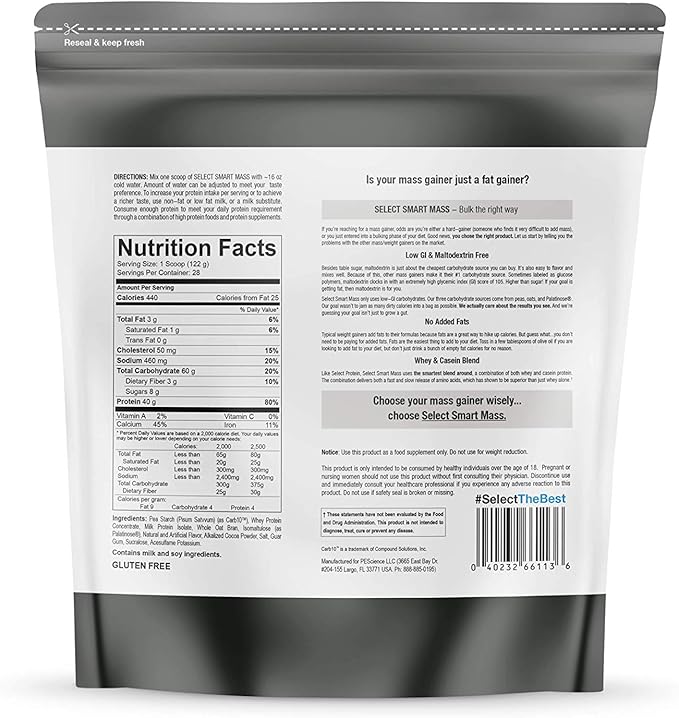 PEScience Protein Powder Supplement Select Smart Mass, Gourmet Chocolate, 28 Servings, Clean Mass Gainer Powder, 3.25 Kilogram