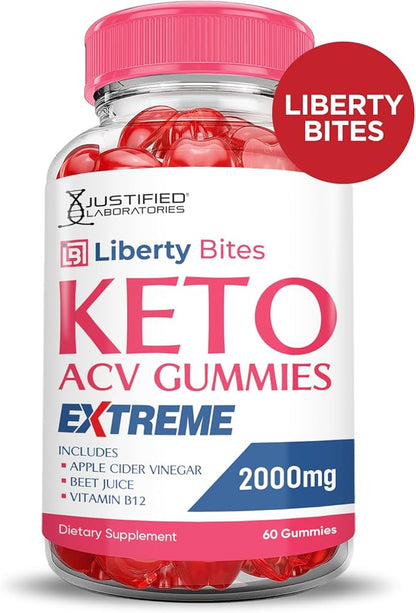 Liberty Bites Keto ACV Gummies Extreme 2000MG Libertybites Keto Gummies Apple Cider Vinegar Formulated with Pomegranate Beet Juice Powder B12 Vegan Non GMO 60 Gummys