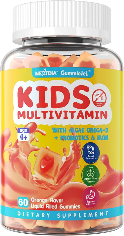 Kids Multivitamin Liquid Filled Gummies, Kids Vitamins for Ages 4+ with Probiotic, Omega 3, Iron, Support Immune & Brain Health, Digestive Health, Non GMO, Gluten Free, Chewable Fruit Flavor