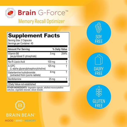 Brain G-Force | for Optimal Brain Function | with Galantamine, R-Lipoic Acid, A-GPC, and Benfotiamine | 45 Servings