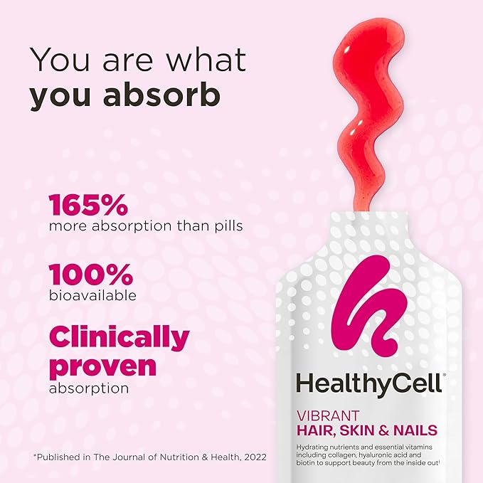Healthycell Vibrant Hair, Skin & Nails - Hair Vitamins with Liquid Collagen for Women - Hyaluronic Acid Supplement with Collagen Peptides, Vitamin E, Biotin - Maximum Absorption - 30 Gel Packs