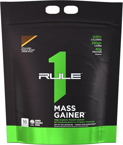 Rule One Proteins, Mass Gainer- Chocolate Peanut Butter, High-Calorie Weight Gain Formula w/ 1,220+ Calories, 250g+ Complex Carb Blend, 40g All-Whey Protein, 8g Fat Per Serving, 12 Pounds, 16 Servings