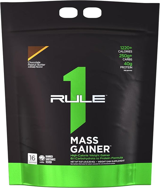 Rule One Proteins, Mass Gainer- Chocolate Peanut Butter, High-Calorie Weight Gain Formula w/ 1,220+ Calories, 250g+ Complex Carb Blend, 40g All-Whey Protein, 8g Fat Per Serving, 12 Pounds, 16 Servings