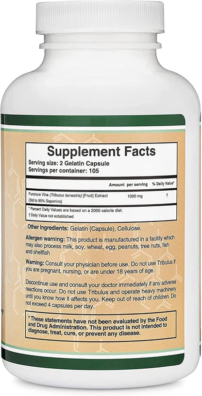 Tribulus Terrestris for Men (Purest 95% Saponin Content) 210 Capsules, 1,000mg Concentrated Fruit Extract (Third Party Tested, Vegan Safe, Non-GMO) for Stamina and Energy by Double Wood