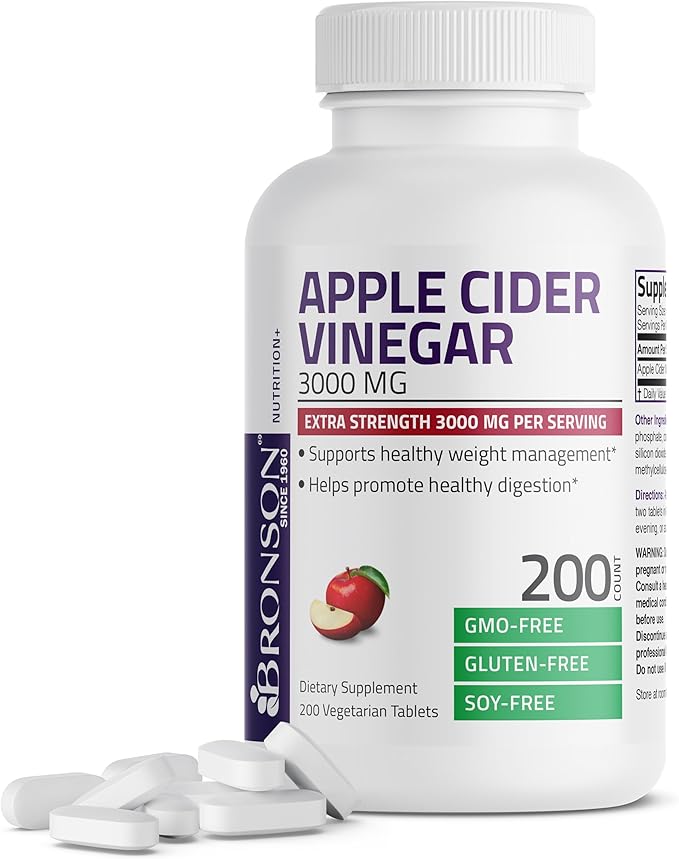 Bronson Apple Cider Vinegar 3000 MG per Serving Extra Strength - Non-GMO, 200 Vegetarian Tablets