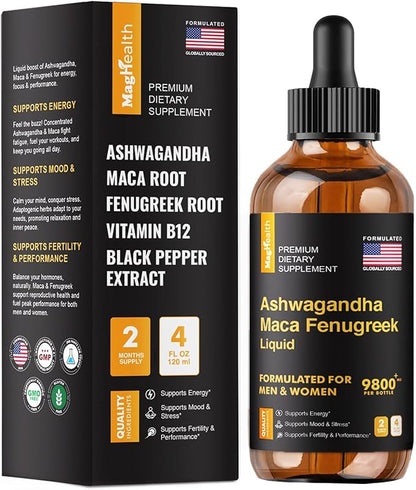 Ashwagandha Maca Fenugreek Extracts - Supports Energy & Focus - Liquid Supplement for Men & Women - 60 Day Servings, Vegan Drops (4 oz)
