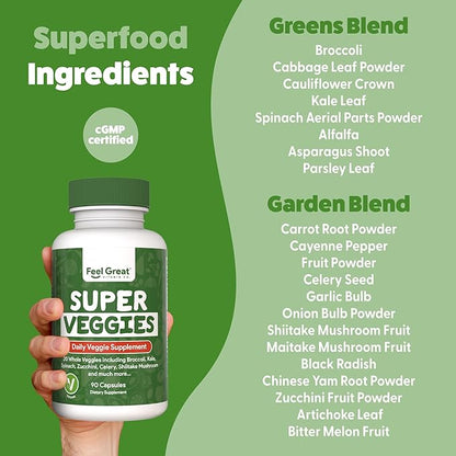 Feel Great Fruit and Vegetable Supplements | 20+ Super Reds & Greens for Natural Energy Support | Vegan Fruit and Veggie Vitamins | 2 Pack of 90 Count Each