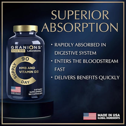 HMB and Vitamin D3 Supplement - Muscle Recovery, Beta Hydroxy Butyrate Pre Workout Muscle Builder, Mass Gainer - 1000 MG HMB Supplements With D3 and Calcium - 360 HMB Capsules , 6-Month Supply