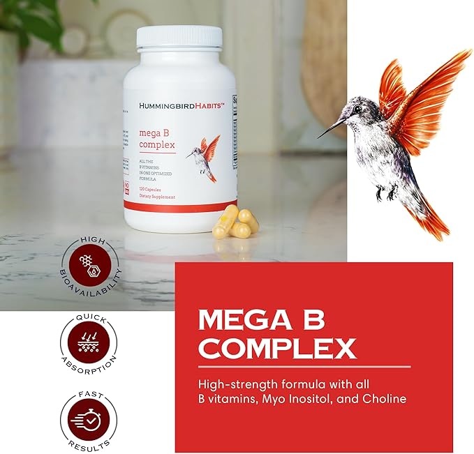 Mega B Complex, B Vitamin Supplement for Immune Support, Nerve Function & Normal Energy Metabolism, Contains Myo-Inositol & Choline for Antioxidant Support, 120 Vegan Capsules