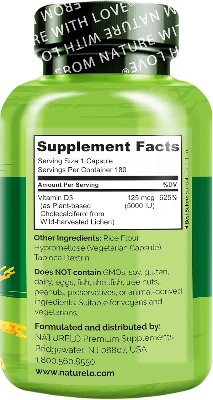 NATURELO Vitamin D - 5000 IU - Plant Based from Lichen - Natural D3 Supplement for Immune System, Bone Support, Joint Health - Vegan - Non-GMO - 180 Mini Capsules (Pack of 2)