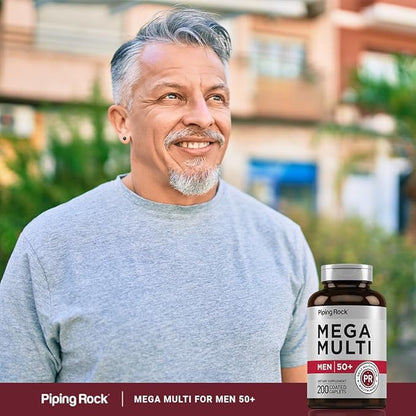 Piping Rock Multivitamin for Men Over 50+ | 200 Caplets | Mega 50 Plus Daily Multimineral | with Magnesium, Calcium, Zinc | Non-GMO, Gluten Free Supplement