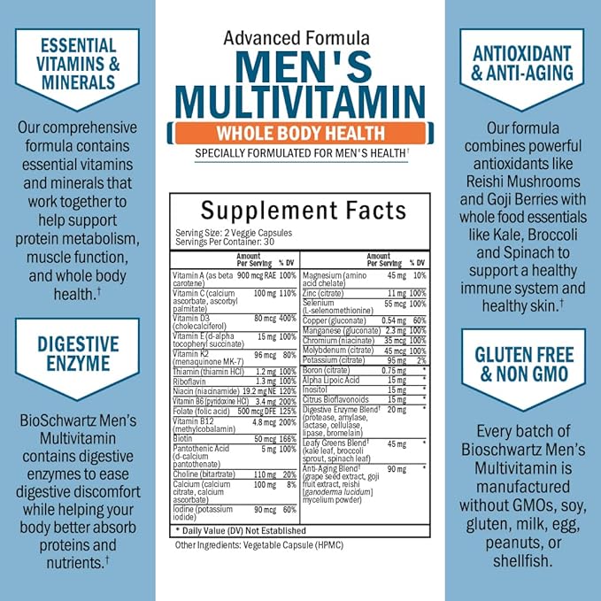 Men's Multivitamin with Vitamin C A B D3 E Zinc for Immune Support - Once Daily Supplement for Energy & Heart - Antioxidants & Digestive Enzymes for Absorption - Mental Clarity & Focus Support -60 Ct