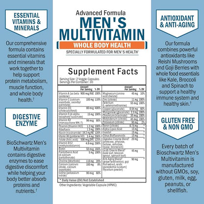 Men's Multivitamin with Vitamin C A B D3 E Zinc for Immune Support - Once Daily Supplement for Energy & Heart - Antioxidants & Digestive Enzymes for Absorption - Mental Clarity & Focus Support -60 Ct