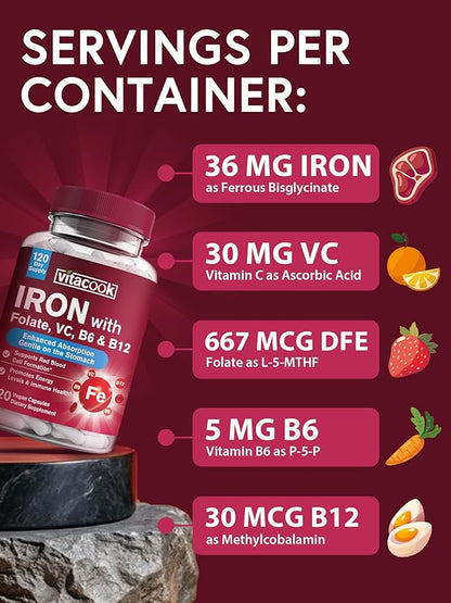 Iron Supplement for Women & Men, Iron Bisglycinate with Vitamin C, B6, B12, Folate, Stomach Friendly, Non-Constipating, Blood Health & Energy Boost, 120 Vegan Caps