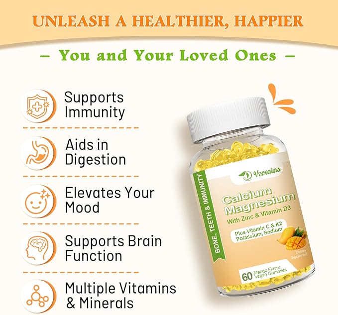 High Absorption Calcium Gummies, Sugar Free Calcium Magnesium Supplement with Vitamin D3 K2 for Bone & Teeth Strength, Muscle Function - Vegan, Mango Flavor 60 Cts