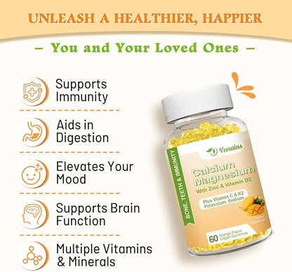 High Absorption Calcium Gummies, Sugar Free Calcium Magnesium Supplement with Vitamin D3 K2 for Bone & Teeth Strength, Muscle Function - Vegan, Mango Flavor 60 Cts