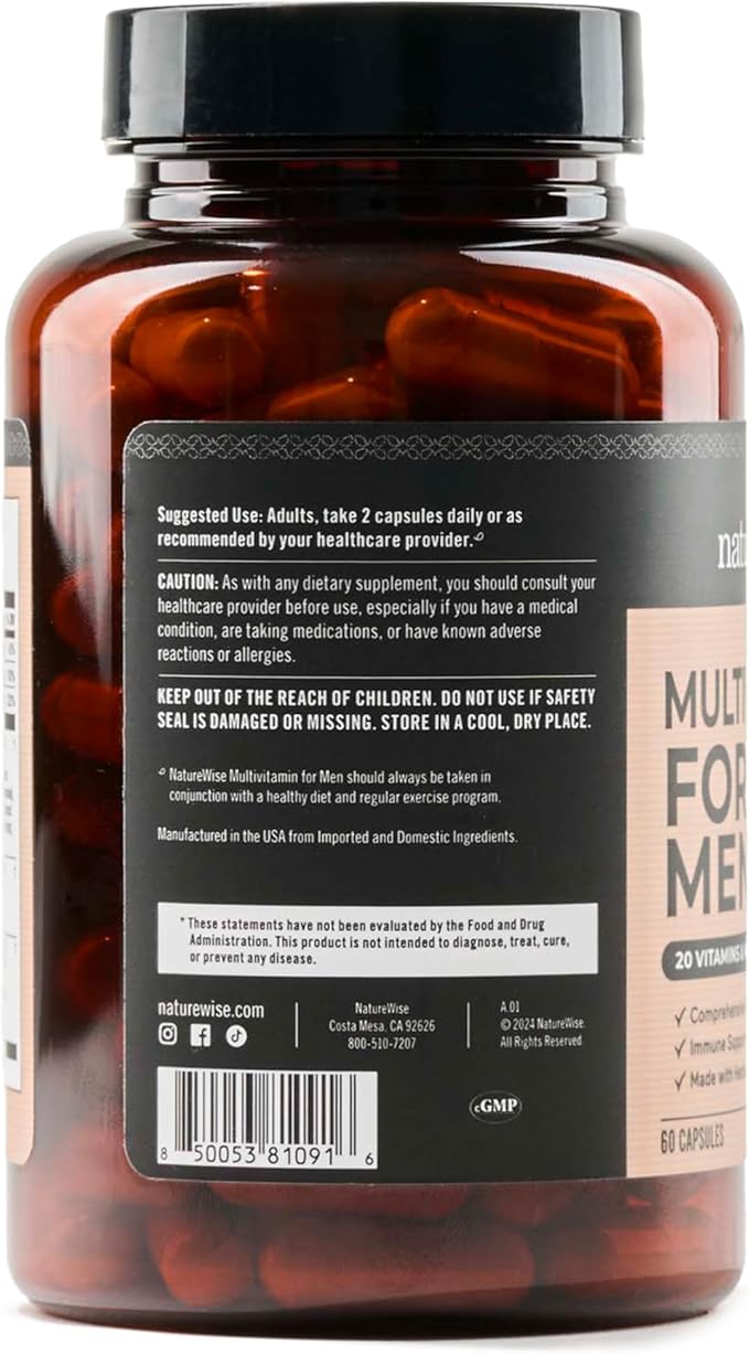 NatureWise Multivitamin for Men - Daily Male Support - Minerals & Herbs for Energy, Performance, Immunity - with Vitamin A, C, D, B-Complex - Soy & Gluten-Free, Non-GMO - 60 Capsules[1-Month Supply]