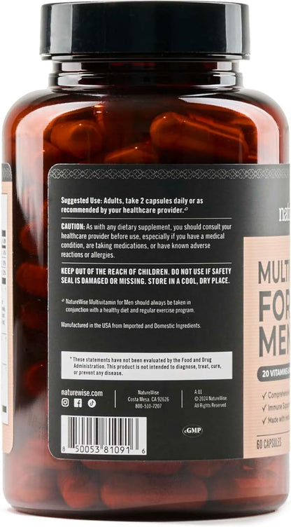 NatureWise Multivitamin for Men - Daily Male Support - Minerals & Herbs for Energy, Performance, Immunity - with Vitamin A, C, D, B-Complex - Soy & Gluten-Free, Non-GMO - 60 Capsules[1-Month Supply]