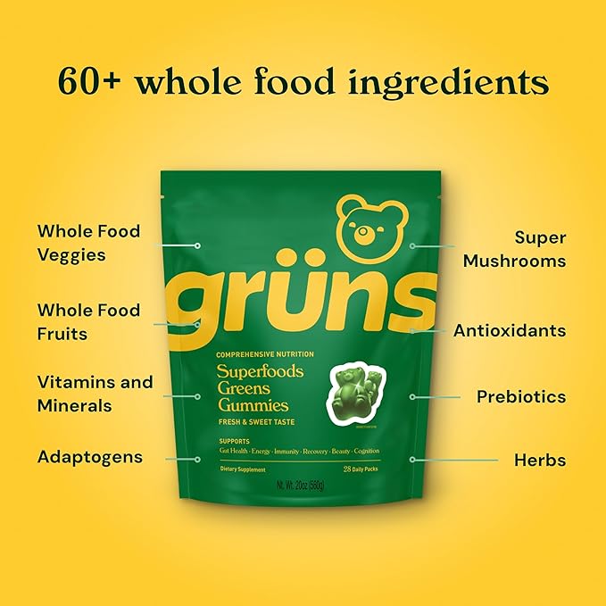 Sugar Free Super Greens Gummies: Organic Spirulina and Chlorella, Prebiotics for Digestive Health, 60+ Organic Ingredients, 20+ Vitamins and Minerals, Adaptogens, 28 Day Supply (224 Count)