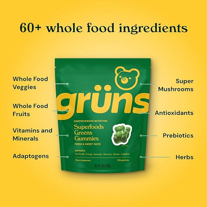 Sugar Free Super Greens Gummies: Organic Spirulina and Chlorella, Prebiotics for Digestive Health, 60+ Organic Ingredients, 20+ Vitamins and Minerals, Adaptogens, 28 Day Supply (224 Count)