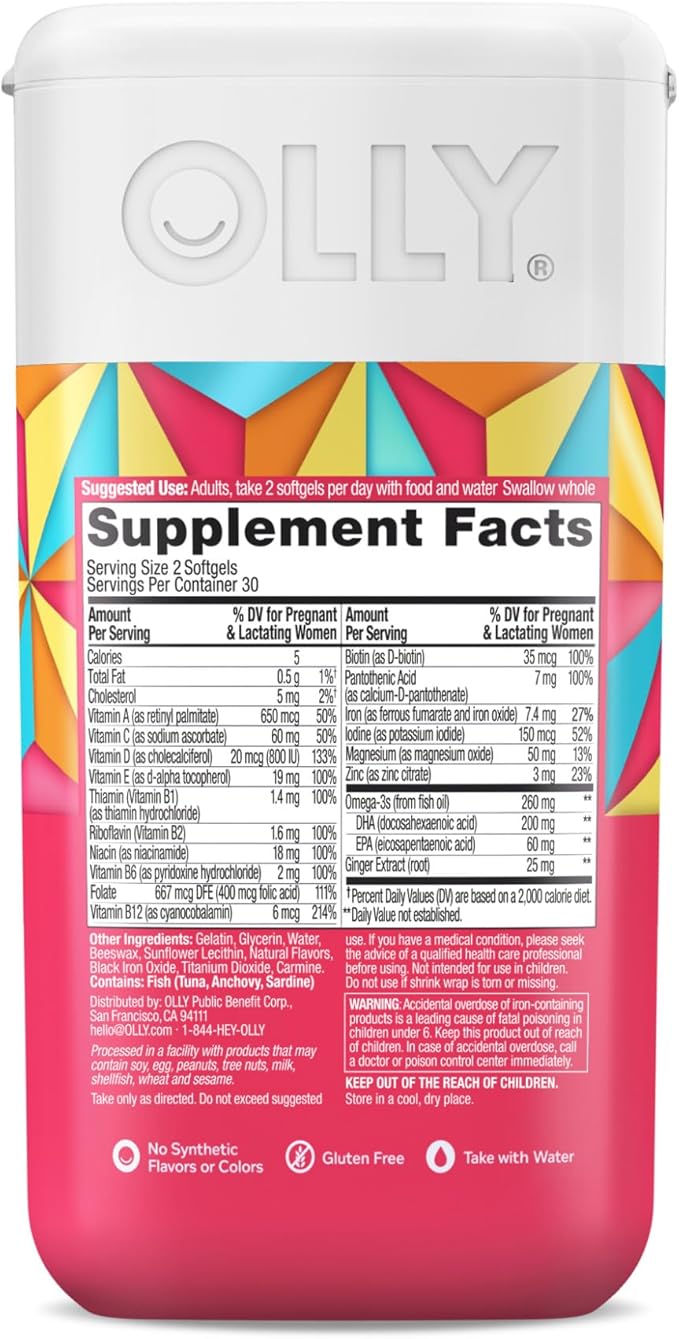 OLLY Ultra Strength Prenatal Multivitamin Softgels, Supports Healthy Growth, Brain Development, Iron, Folic Acid, DHA, Vitamins C, E, 30 Day Supply-60 Count (Packaging May Vary)