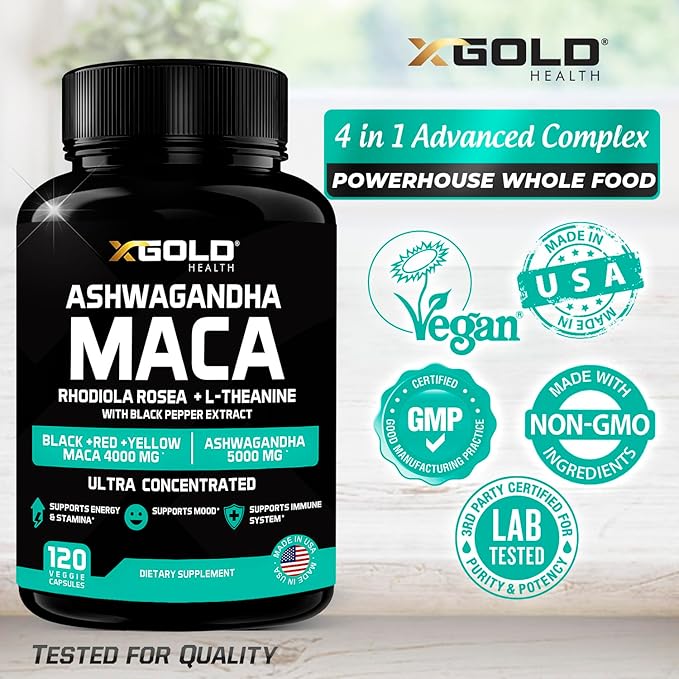 Ashwagandha 5,000mg + Maca Root Black, Red, Yellow 4,000mg, Rhodiola & L-Theanine: 30:1 Extract Ashwagandha Capsules, 20:1 Extract Maca Root Capsules - Supplement for Men and Women