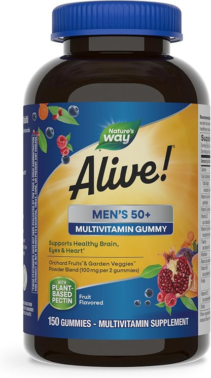 Nature’s Way Alive! Men’s 50+ Daily Gummy Multivitamins, Supports Healthy Brain, Eyes, Heart*, B-Vitamins, Gluten-Free, Vegetarian, Fruit Flavored, 150 Gummies (Packaging May Vary)