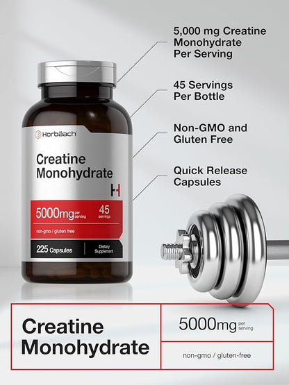 Horbäach Creatine Monohydrate | 5g | 225 Capsules | Non-GMO, Gluten Free Supplement