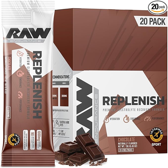 RAW Replenish Box, Premium Electrolytes Powder Recovery Formula, Chocolate (20 Sticks) - Flavored Electrolyte Drink Mix Supplement for Hydration, Replenishment, Endurance & Performance
