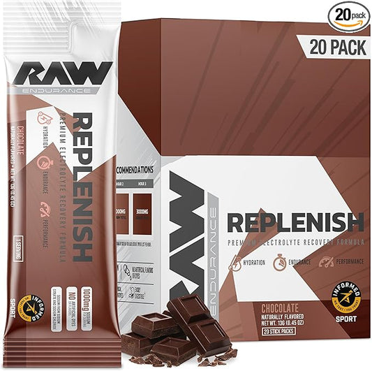 RAW Replenish Box, Premium Electrolytes Powder Recovery Formula, Chocolate (20 Sticks) - Flavored Electrolyte Drink Mix Supplement for Hydration, Replenishment, Endurance & Performance