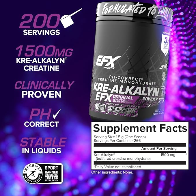 EFX Sports Kre-Alkalyn EFX Powder | pH Correct Creatine Monohydrate Powder Supplement | Strength, Muscle Growth & Performance | 266 Servings (Unflavored)