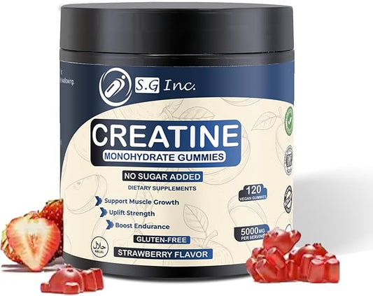 S.G Creatine Monohydrate Gummies for Men & Women ‒ Sugar Free 5g Creatine Monohydrate Gummies for Muscle Support ‒ Pre-Work Out Chewable Supplements for Energy Boost ‒ Strawberry Flavored 120 Gummies