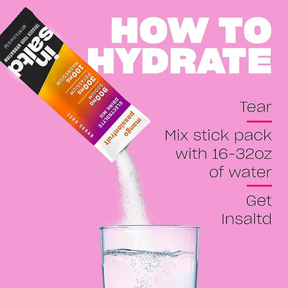 INSALTD™ Sugar Free Electrolytes Powder Packets with No Stevia Aftertaste | High-Potency Hydration Packets | Keto Electrolyte Drinks | Intermittent Fasting Drink Mix | 28 Pack (Mango Passionfruit)