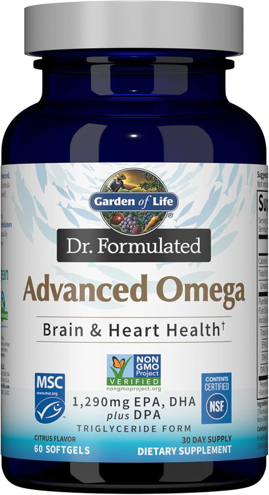 Garden of Life Dr. Formulated Advanced Omega Fish Oil - Lemon, 1,290mg EPA, DHA + DPA in Triglyceride Form, Single Source Omega 3 Supplement for Ultimate Brain & Heart Health, Non-GMO, 60 Softgels