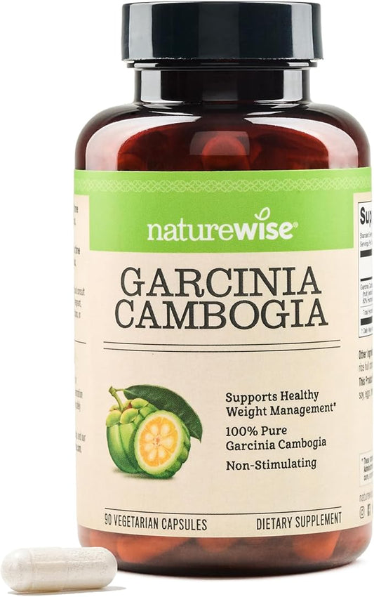 Naturewise Garcinia Cambogia with Natural Garcinia Cambogia Extract, 60% HCA Concentration, Natural Support for Weight Goals and Energy - Vegan, Non-GMO, Gluten Free - 90 Capsules[1-3 Month Supply]
