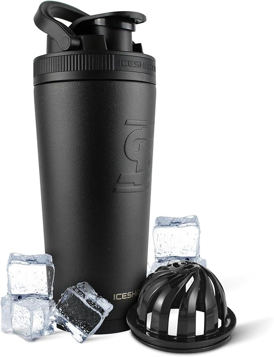 Ice Shaker Insulated Stainless Steel Shaker Bottle | 26oz, Black | Cold for 30+ Hours | Insulated Cup with Twist-on Agitator | Odor-Free Shaker Cup for Protein Shakes, Water, Smoothies, Cocktails