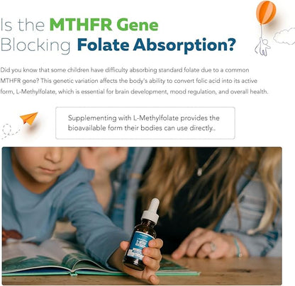 Organic Kids Methylfolate + Methyl B12 Cofactor - Organic Berry Flavor, Sublingual Form - 5-MTHF Form, Superior Form of Folate - Adjustable Dosing for All Ages - Mood, Behavior, Cognition - 1 oz.