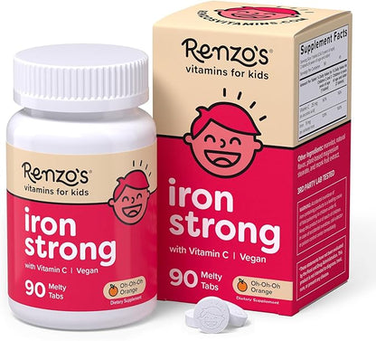 Renzo's Iron Supplements for Kids - Dissolvable Vegan Iron Supplement with Vitamin C - Sugar Free, Oh-Oh-Oh Orange Flavor, 90 Melty Tabs