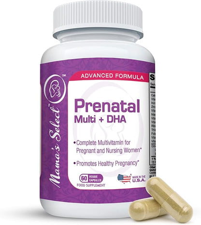 Mama's Select Prenatal Vitamins for Women with Iron, Vitamin D, DHA, and Folic Acid for Pregnant Women, Methyl Folate Safe for MTHFR - Slow-Release Supplement, Gentle on Stomach, 60 Veggie Capsules