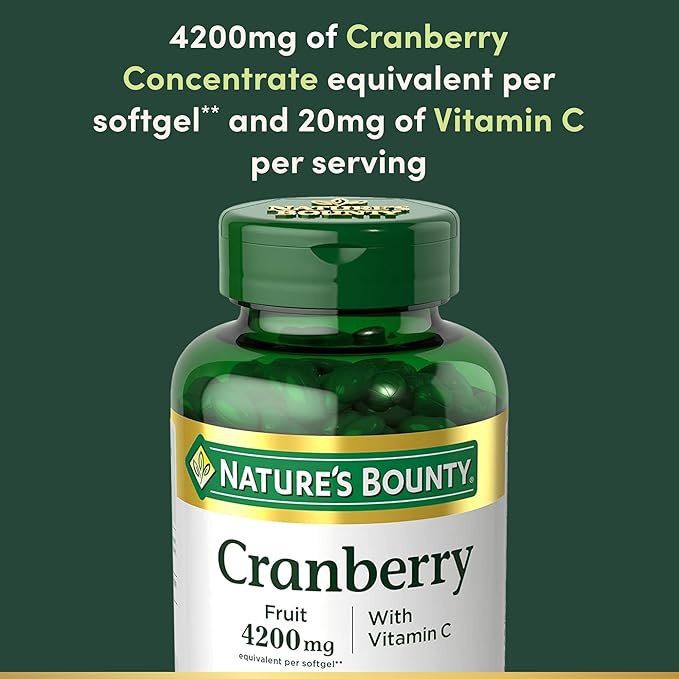 Nature's Bounty Cranberry 4200mg With Vitamin C, Urinary Health & Immune Support, Cranberry Concentrate, 250 Rapid Release Softgels