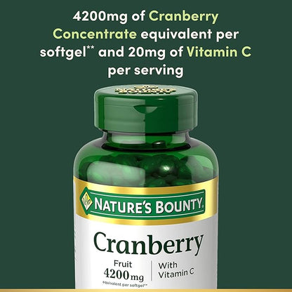 Nature's Bounty Cranberry 4200mg With Vitamin C, Urinary Health & Immune Support, Cranberry Concentrate, 250 Rapid Release Softgels