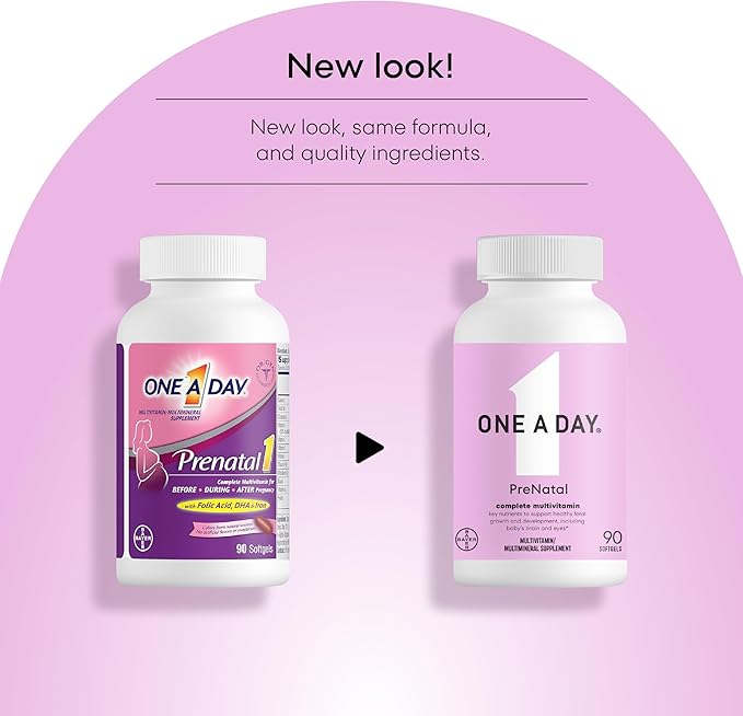 ONE A DAY Women's Prenatal 1 Multivitamin, Supplement for Before, During, and Post Pregnancy, Including Vitamins A, C, D, E, B6, B12, and Omega-3 DHA, 90 Count (Packaging May Vary)
