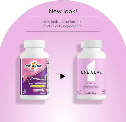 ONE A DAY Women's Prenatal 1 Multivitamin, Supplement for Before, During, and Post Pregnancy, Including Vitamins A, C, D, E, B6, B12, and Omega-3 DHA, 90 Count (Packaging May Vary)