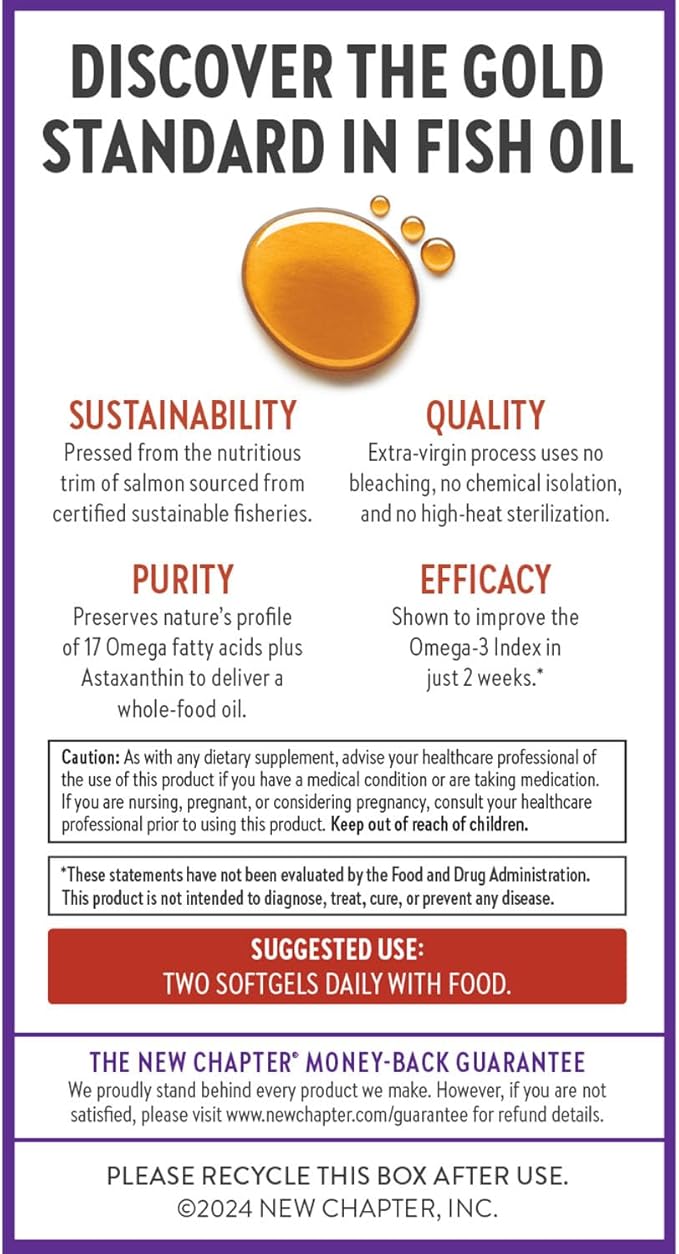 New Chapter Wholemega Fish Oil Supplement - Wild Alaskan Salmon Oil with Omega-3 + Vitamin D3 + Astaxanthin + Sustainably Caught - 120 ct, 1000mg Softgels