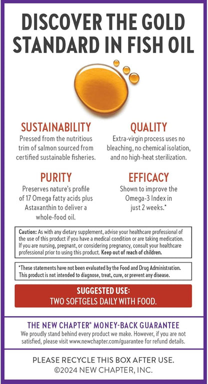 New Chapter Wholemega Fish Oil Supplement - Wild Alaskan Salmon Oil with Omega-3 + Vitamin D3 + Astaxanthin + Sustainably Caught - 180 ct, 1000mg Softgels