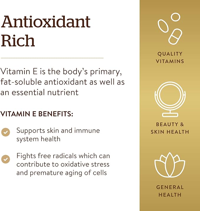 Solgar Vitamin E 670 mg (1000 IU), 100 Mixed Softgels - Natural Antioxidant, Skin & Immune System Support - Naturally-Sourced Vitamin E - Gluten /Dairy Free - 100 Servings