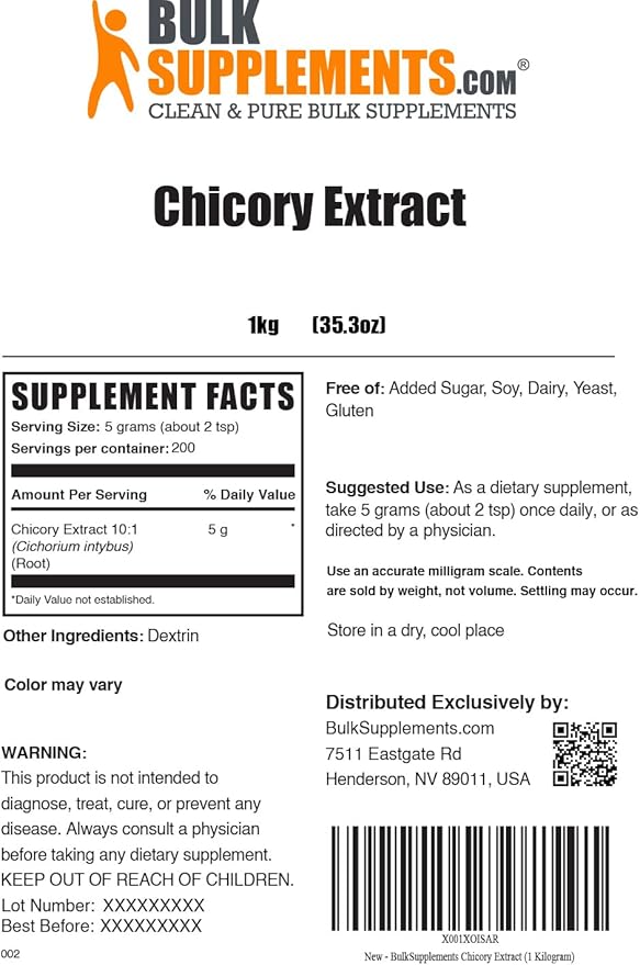 BulkSupplements.com Chicory Extract Powder - Chicory Root Supplement, Chicory Root Powder - Fiber Supplement, Gluten Free, 5g per Serving, 1kg (2.2 lbs) (Pack of 1)
