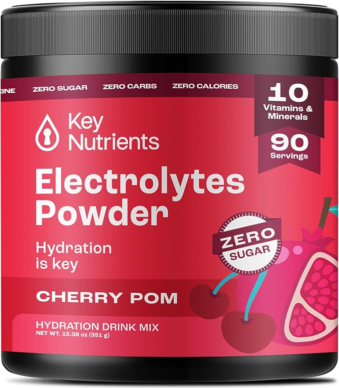 KEY NUTRIENTS Multivitamin Electrolytes Powder No Sugar - Sweet Cherry Pom Electrolyte Powder - Endurance & Energy Supplement - Hydration Powder - No Calories - 90 Servings - Made in USA