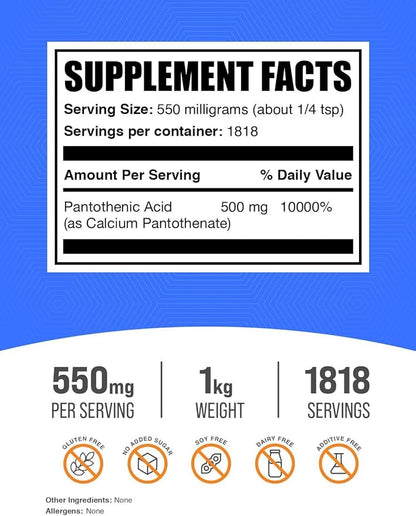 BulkSupplements.com Vitamin B5 Powder - as Calcium Pantothenate, B5 Vitamins - Gluten Free, 500mg of Vitamin B5 Pantothenic Acid per Serving, 1kg (2.2 lbs) (Pack of 1)