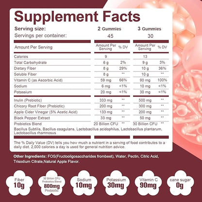Fiber Gummies with Probiotics,10G Fiber per Serving No Sugar Added Apple Flavor, Fiber with 10 Billion CFU Probiotics Blend, Apple Cider Vinegar, Vitamin C, Inulin, Bloating Support 90 Count